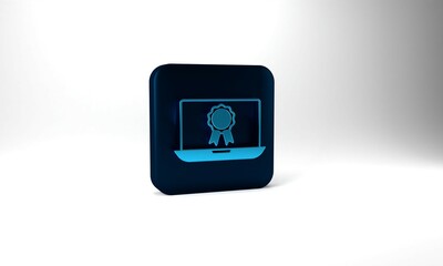 Blue Online education with diploma icon isolated on grey background. Diploma online at home. Webinar and video seminar learning. Blue square button. 3d illustration 3D render