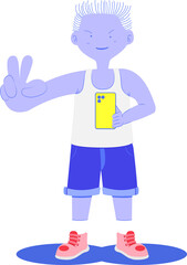 a white hair man wear vest and short jeans red shoe standing and holding a smartphone for waiting to take a shot photo and showing v, fight signal hands for good composition, pose. photographer style.