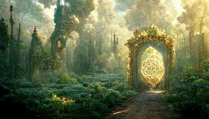 A magical, fantastic portal in the center of a green forest. A yellow-green portal is visible between the trees. Stunning 3d illustration. - obrazy, fototapety, plakaty