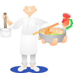 a white hair man chef standing and showing the delicious yummy palatable luscious dainty toothsome delectable scrumptious chicken noodles thailand food menu.