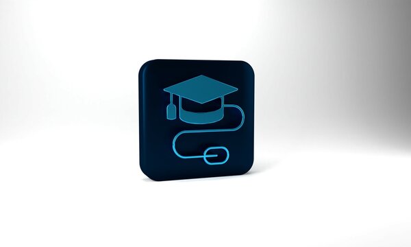 Blue Graduation cap with mouse icon isolated on grey background. World education symbol. Online learning or e-learning concept. Blue square button. 3d illustration 3D render