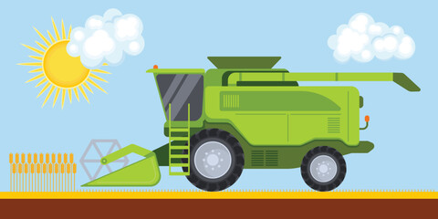 Obraz premium Harvester combine on field. Vector illustration in flat style. Harvesting wheat agriculture business concept. Agriculture crop harvest.