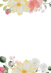 watercolor hand drawn colorful spring flower and green leaf bouquet wedding invitation card