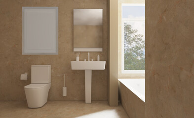 Spacious bathroom in gray tones with heated floors, freestanding tub. 3D rendering.. Mockup.   Empty paintings