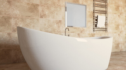 Spacious bathroom in gray tones with heated floors, freestanding tub. 3D rendering.. Mockup.   Empty paintings