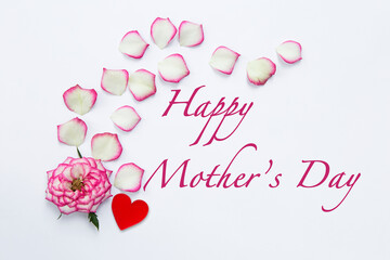 Mother's day card background idea, happy mother's day message with pink rose and red heart on white background