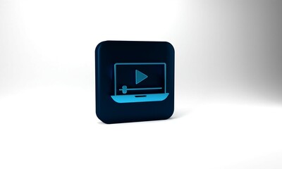 Blue Online play video icon isolated on grey background. Laptop and film strip with play sign. Blue square button. 3d illustration 3D render