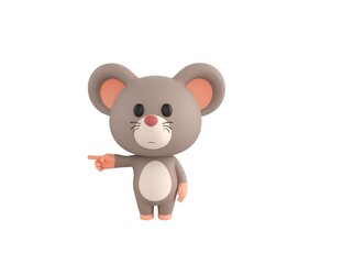 Little Rat character pointing his finger to the left in 3d rendering.