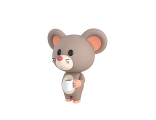 Little Rat character holding white coffee mug in 3d rendering.