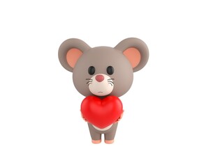 Little Rat character giving red heart in 3d rendering.