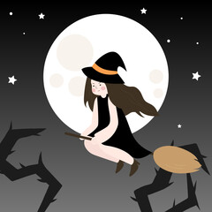 Illustration of a witch flying in the night.
