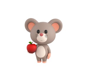 Little Rat character holding red apple in 3d rendering.