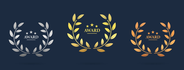 Gold Bronze Silver Champion Prize Chaplet Achievement Silhouette Icon Set on Dark Background. Laurel Wreath Twig Leaf Olive Branch Reward Pictogram. Victory Emblem. Isolated Vector Illustration