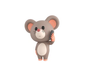 Obraz premium Little Rat character holding smartphone near ear in 3d rendering.