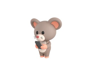 Little Rat character types text message on cell phone in 3d rendering.