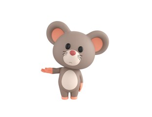 Little Rat character looking to camera and pointing hand to the side in 3d rendering.