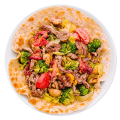 tender beef sliced, mushrooms, broccoli, peppers and tomatoes