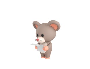 Little Rat character reading paper in 3d rendering.