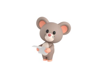 Little Rat character reading paper and looking to camera in 3d rendering.