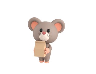 Little Rat character holding paper containers for takeaway food in 3d rendering.