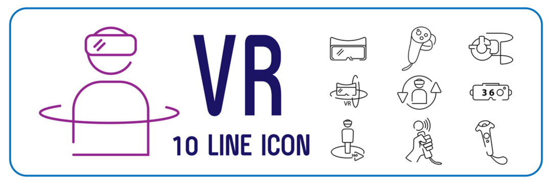 VR line icon set. Virtual reality in video games or internet. High quality black outline logo for web site design and mobile apps