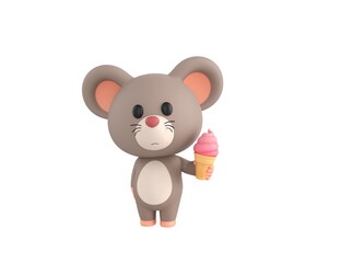 Little Rat character holding strawberry ice cream cone in 3d rendering.