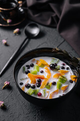 Diet healthy breakfast concept on black table