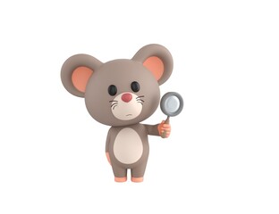 Little Rat character holding magnifying glass in 3d rendering.