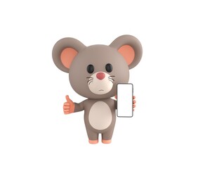 Little Rat character show his phone and give thumb up in 3d rendering.