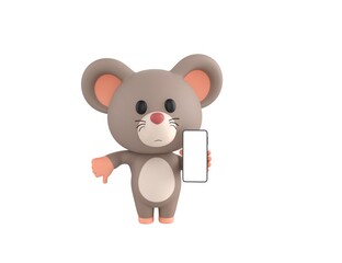 Little Rat character show his phone and give thumb down in 3d rendering.