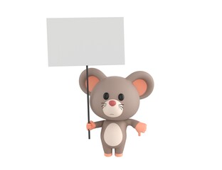 Little Rat character holding a blank billboard and give thumb down in 3d rendering.