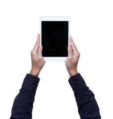 Businessman hands holding blank screen tablet computer isolated