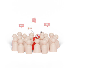 wooden figures group with target, darts or arrow, social media, notifications, magnifying, envelope  isolated. recruitment staff concept, 3d illustration, 3d render