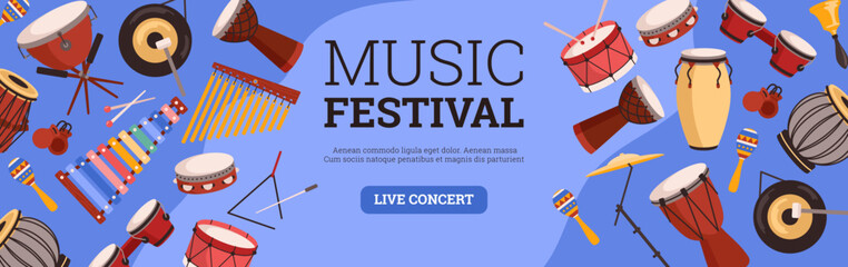 Music festival horizontal web banner, flat vector illustration.