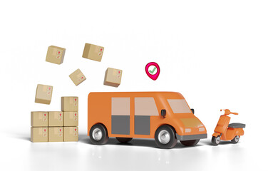3d orange truck, delivery van with scooter, packaging, pin, goods cardboard box, check mark isolated. service, transportation, shipping concept, 3d render illustration