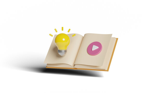 3d yellow light bulb with open book, play button isolated. idea tip education, knowledge creates ideas concept, minimal abstract, 3d render illustration 