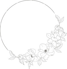 doodle line art peony flower circle wreath frame