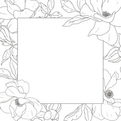 doodle line art peony flower bouquet wreath square frame banner background