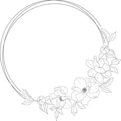 doodle line art peony flower bouquet wreath frame elements