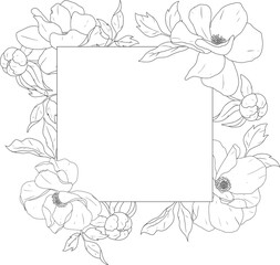 doodle line art peony flower bouquet wreath frame elements