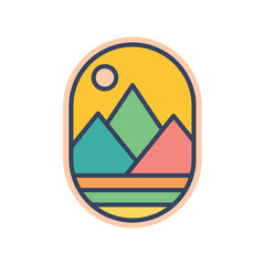 Abstract Sunset beach mountain logo badge oval  design. Template Vector illustration. Logo Sign Design Icon