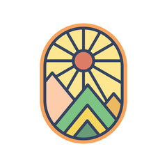 Abstract Sunset beach mountain logo badge oval  design. Template Vector illustration. Logo Sign Design Icon