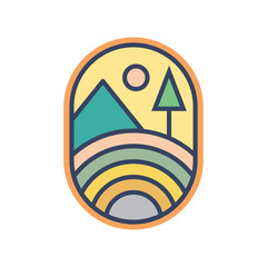 Abstract Sunset beach mountain logo badge oval  design. Template Vector illustration. Logo Sign Design Icon