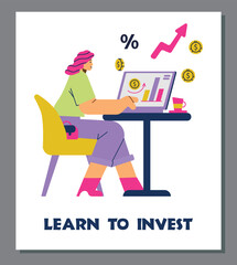 Woman with laptop learning to invest money online, poster template with text - flat vector illustration.