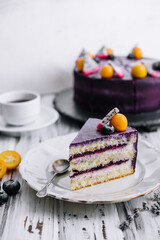 Classic blueberry cheesecake on the kitchen table