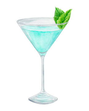 Grasshopper cocktail watercolor hand drawn illustration. Drink clipart on white background.