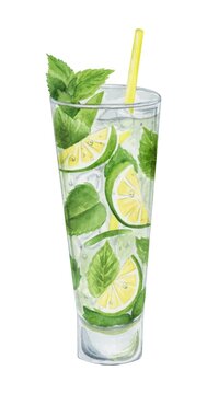 Mojito cocktail watercolor hand drawn illustration. Drink clipart on white background.
