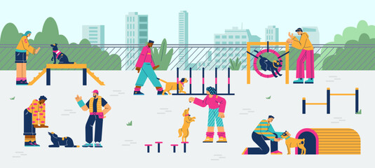 Dog playground with owners train pets to obey flat vector illustration.