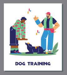 Fototapeta premium Woman training her dog with help of professional dog trainer or cynologist, poster template flat vector illustration.