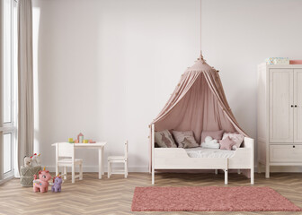 Empty white wall in modern child room. Mock up interior in contemporary, scandinavian style. Copy space for your picture or poster. Bed, table, toys. Cozy room for kids. 3D rendering. © Creative_Bird